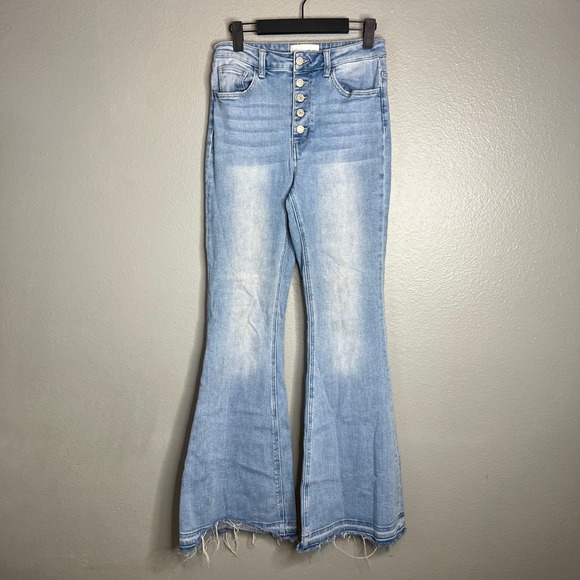 Vervet Denim - Vervet High Rise Flare Jeans Sz 28 Light Wash Raw Hem Button Fly Boho Festival